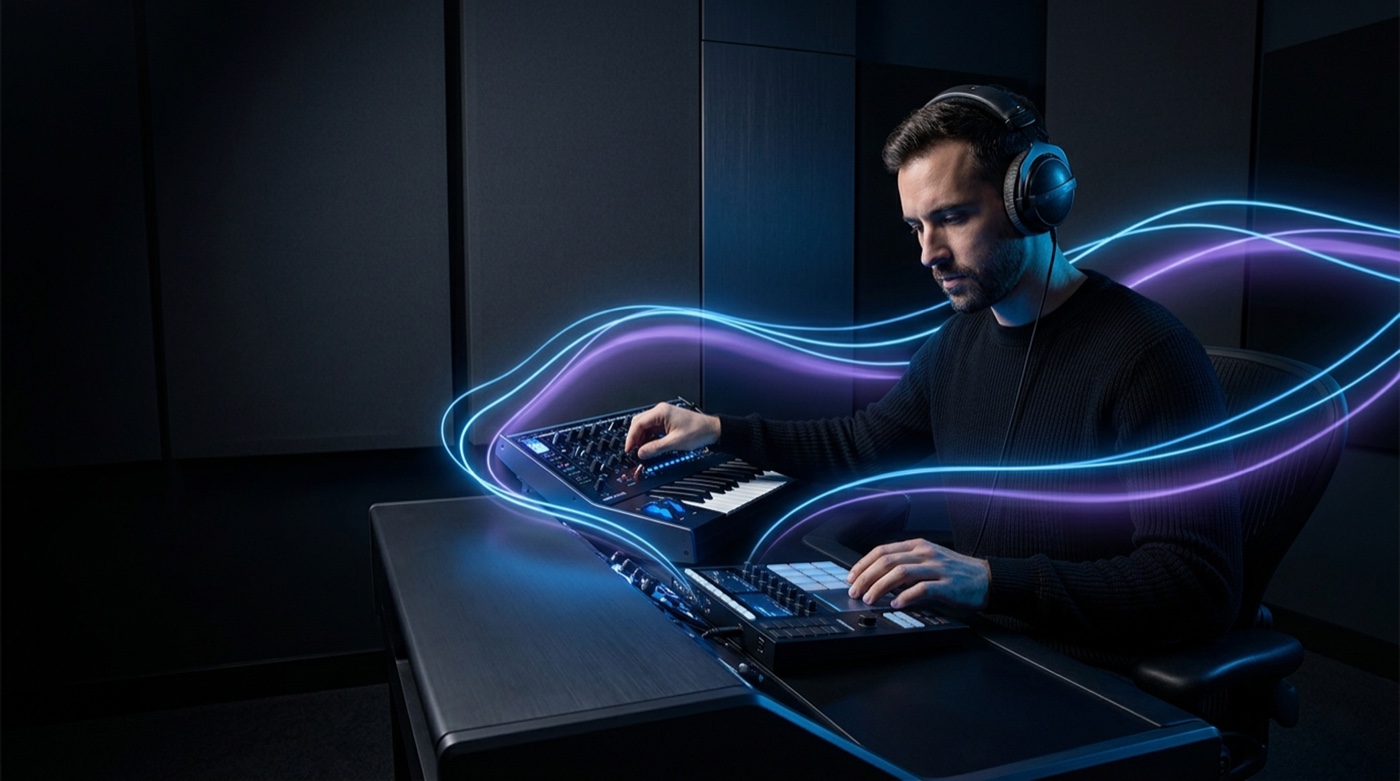 A music producer at a keyboard in a darkened studio, wrapped in ribbons of light — the Harmonic Wave header image.